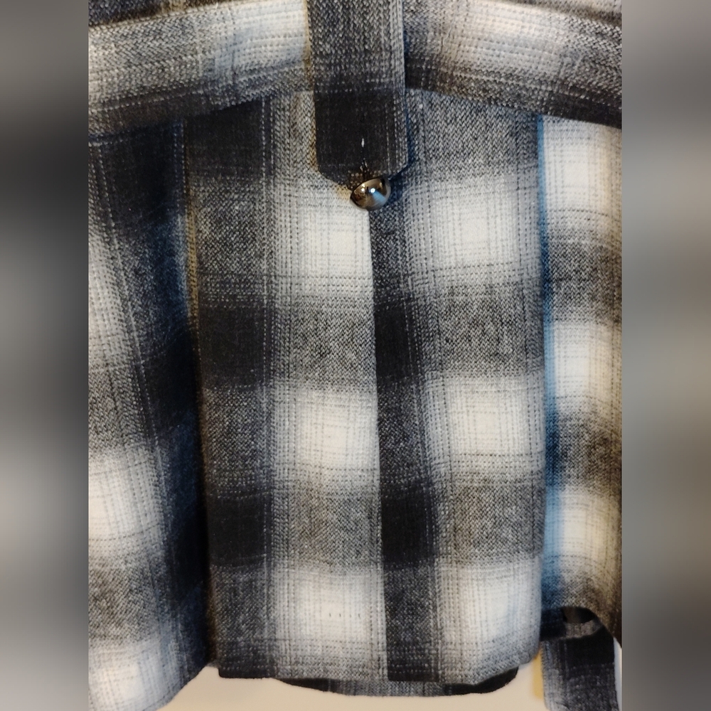 Decibel Black and White Pea Coat with Bold Plaid Pattern and Notched Lapel - Picture 6 of 8